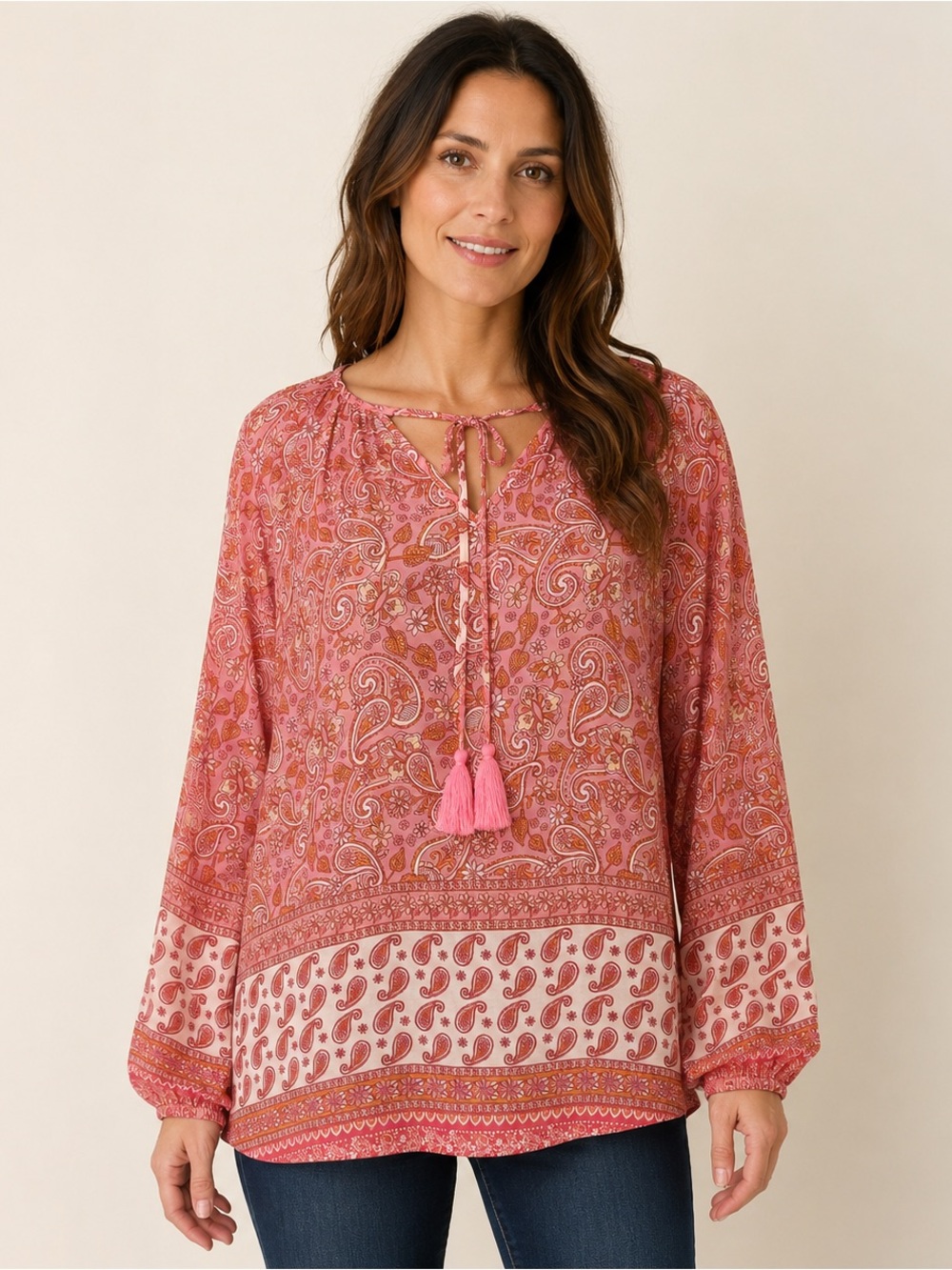 Three Bird Nest Lani Pink Paisley Tassel Boho Tunic Top Small
